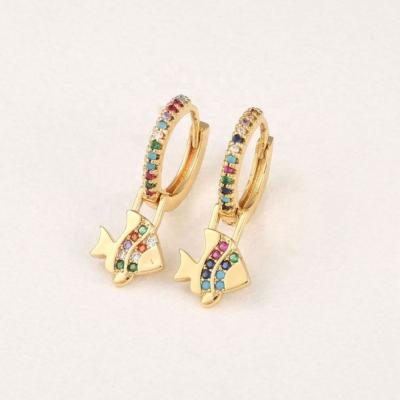 China 2022 Hot Sale Luxury Trendy Unique Inlay 18k Gold Plated Colorful Zircon Fish Pendants Circle Earrings For Jewelry Earings for sale