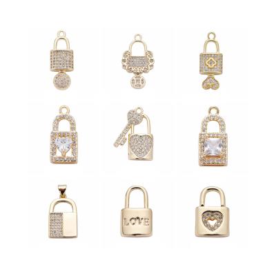 China TRENDY Fancy Gold Plated Brass Mixed Charm Pendants Lock and Key Style CZ Pendants for Necklace Bracelet Earrings Jewelry Making for sale