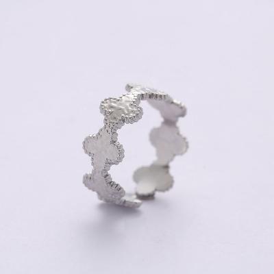 China FASHION TRENDY Jewelry Simplicity White Gold Plated Stainless Steel Opening Hammered Four Leaf Clover Ring For Young Ladies for sale