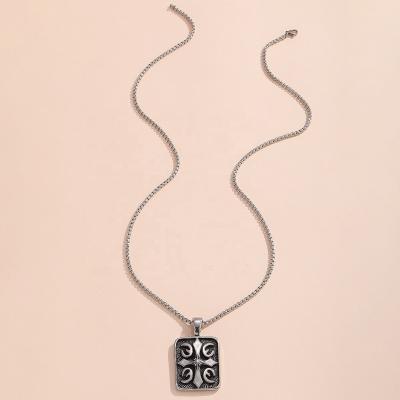 China FASHIONABLE Unisex Personalized Jewelry Silver Color Stainless Steel Box Chain Vintage Rectangle Charm Pendant Necklace for sale