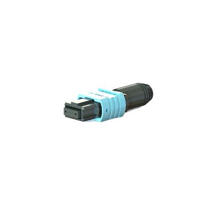 China Mini 36mm MPO Optical Connector Aqua Fiber Optic Pigtail Connector for sale