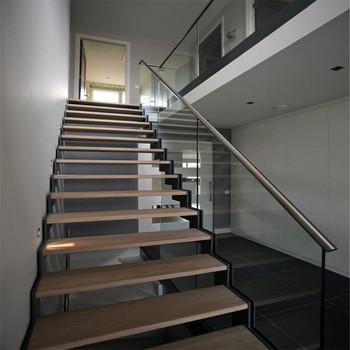 China Modern Indoor Home Glass Fencing Wooden Staircase Zigzag Stringer Timber Staircase for sale