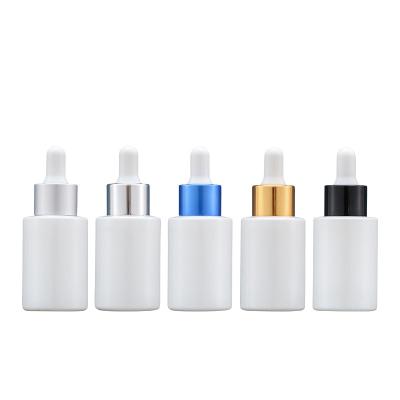 China LOW MOQ Cosmetic Screw Cap 1OZ 30ml Black White Flat Shoulder Frosted Glass Dropper Bottle For Skin Care for sale