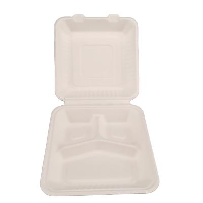 China Viable Clamshell With PLA Lining 3 Compartment Disposable Fast Food Packaging Container Biodegradable Takeaway Bagasse Packaging for sale