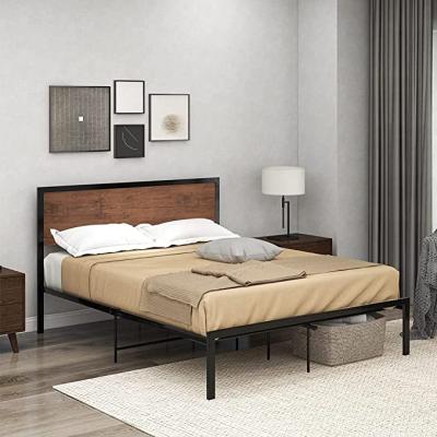 China Knocked Down Metal Platform Dorm Bed Double Frame Modern Home Bedroom Furniture Heavy Duty Wooden Bed With Wooden Headboard for sale