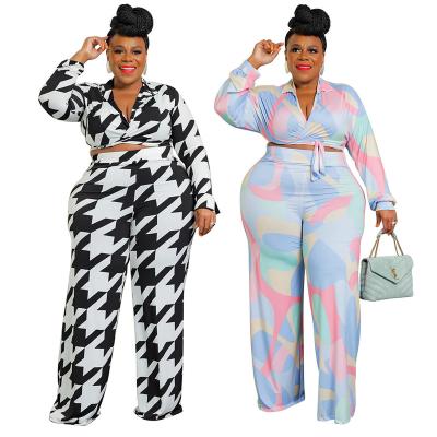 China Quick Dry Products 2024 Plus Size Women's Sexy Deep V-neck Graphic Print Long-sleeved Patchwork Straight Pants Set for sale