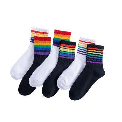 China QUICK DRY rainbow thongs women's cotton tube thongs street fashion striped Japanese style long tube crew socks for sale