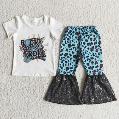 China 2021 RTS guitar print shirt match leopard sequin bell bottom casual pants set children's clothing toddler girl clothes for sale