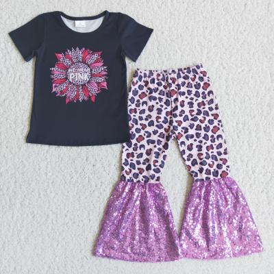 China 2021 casual we use sunflower shirt match pink leopard pants girls fall boutique outfit kids clothing wholesale for sale