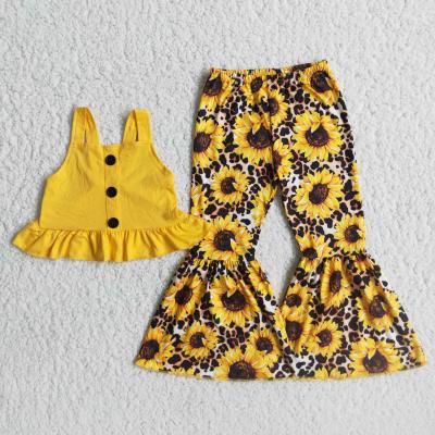 China 2021 Yellow Casual Crop Match Sunflower Upper Bell Bottom Pants Kids Autumn Clothes Girls Dress Sets for sale