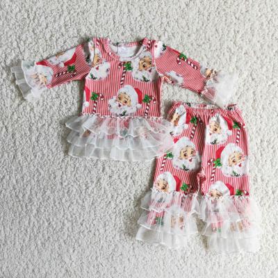 China Casual Santa and Christmas Long Sleeve Print Tulle Ruffle Shirt Toddler Girl Toddler Winter Clothes Kids Boutique Clothing Sets for sale