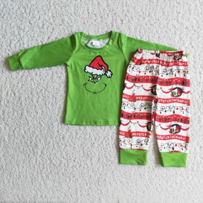 China Screen Printing Shirt Match Pants Casual Green Christmas Pajamas Boys Clothing Sets Boy Night Wear for sale