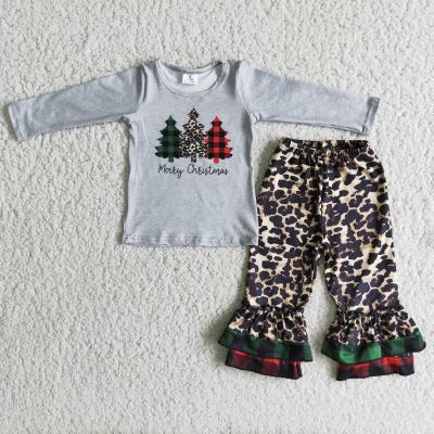 China Gray Christmas tree screen print shirt leopard pants casual babies clothing sets for sale