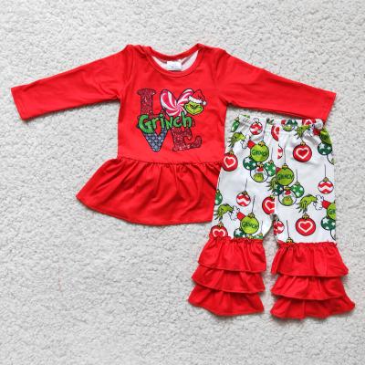 China Girls Clothes Kids Clothes Love Ruffle Pants Love Screen Print Casual Shirt Match Red Triple Christmas Outfits for sale