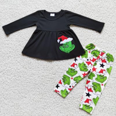 China Applique Black Cotton Tunic Leggings Christmas Outfits Kids Clothes Set Girl Boutique Casual Clothing for sale