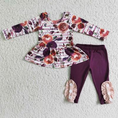 China Solid floral print casual peplum pants girls fall clothing kids clothes girls boutique wholesale outfits for sale