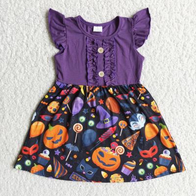 China 2021 Flutter Sleeve Pumpkin Washable Print Halloween Dresses Kids Clothing Baby Clothes Girls Dress Up for sale