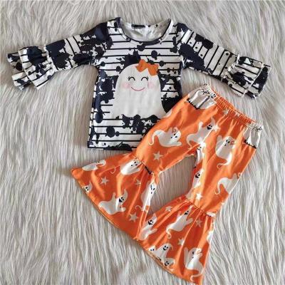 China 2021 casual Halloween ghost print shirt match bell bottom pants baby sets loose children clothing girls for sale