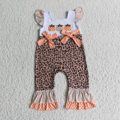 China 2021 Polyester/Cotton Pumpkin Embroidery Leopard Romper Little Girls Clothes Boutique Baby Clothes for sale