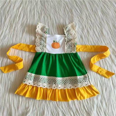 China Washable Ready To Ship Pumpkin Screen Print Cotton Dresses Toddler Girl Solid Fall Clothing Baby Dresses for sale