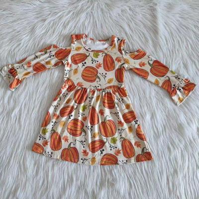 China 2021 Washable Long Sleeve Pumpkin Print Fall Dresses Overseas Children Clothing Kids Dresses For Girls for sale