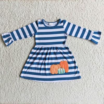 China 2021 rts washable hot sale pumpkin stripe embroidery long sleeve fall dresses kids clothing baby dresses girl for sale