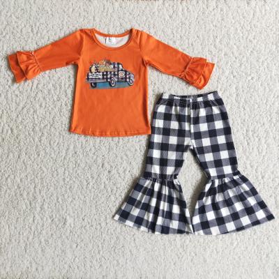 China 2021 Casual Pumpkin Shirt Plaid Bell Bottom Pants Set Girl Boutique Girl Clothing Kids Clothes Sets for sale