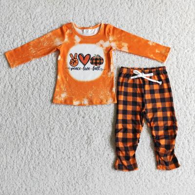 China Peace Love Drop Shirt Plaid Casual Pants Pumpkin Set Girls Boutique Outfits Clothing Children Wholesale for sale