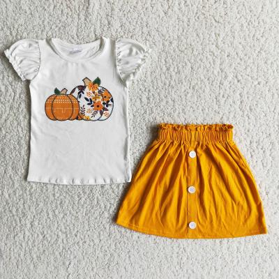 China Print Casual Shirt Pumpkin Skirt Solid Outfits Baby Clothing Sets Drop Children Stretching Clothes for sale