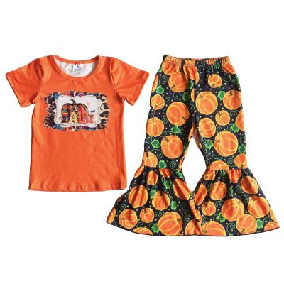 China Milk Silk Thanksgiving Day Babies Two Piece Set Orange Autumn Shirt Pumpkin Bell Bottom Pants Outfits for sale