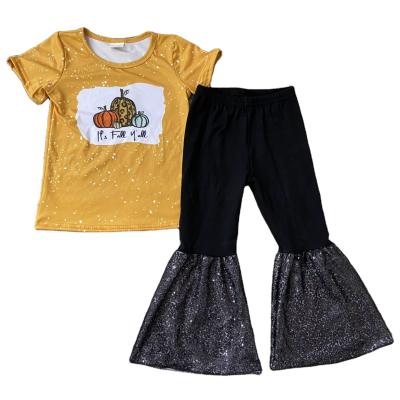 China Casual It's Completely You Short Sleeve Pumpkins Sequin Bell Bottom Yellow Pants Set For Babies for sale