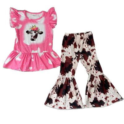 China Autumn Baby Girls Set Cute Casual Autumn Shirt Pink Milk Cow Pattern Bell Bottom Sleeveless Pants Outfits for sale