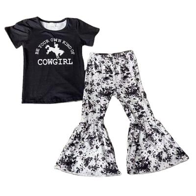 China Autumn Baby Girls Boutique Outfits Cowgirl Shirt Ink Pattern Bell Bottom Casual Pants Set for sale