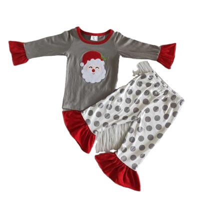 China Christmas Santa Polka Dots Gray Red Ruffles Casual Legging Boutique RTS Wholesale No MOQ Girls Dressing Sets Kids Clothing Baby Clothes for sale