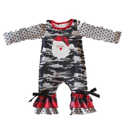 China Wholesale RTS 1 MOQ Boutique Casual Gray Baby Clothing High Quality Santa Christmas Leopard Dots Ruffles Romper Baby Kids Clothes for sale