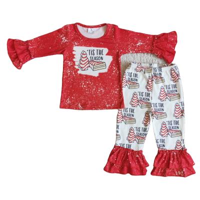 China Sweet Red Cake Christmas Bleach Ruffles Cartoon Snowman Long Sleeve Bell Bottoms Kids Baby Clothing for sale