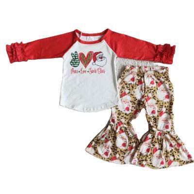 China Santa Leopard Red Raglan Christmas Sweet Girls Love Peace Long Sleeve Bell Pants Boutique Kids Baby Clothing Sets for sale