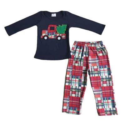 China Embroidery Soft Plaid Christmas Car Tree Long Sleeve Pants Outfits Boutique Boys Kids Baby Clothing for sale