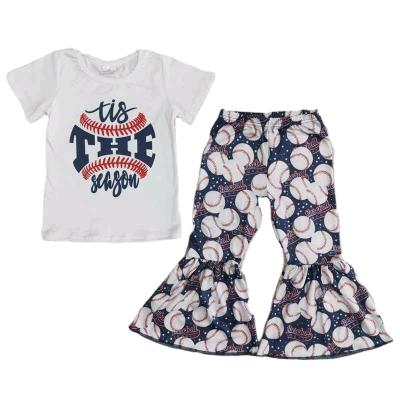 China Wholesale Soft Baseball Team White Short Sleeve Match Pattern Bell Bottom RTS Fashionable Boutique No MOQ Children Clothing Kids Clothing for sale