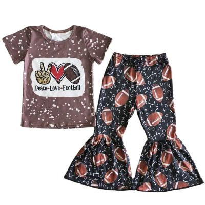 China Sweet football peace love bleached brown short sleeve match bell bottom RTS wholesale shop no MOQ kids clothing kids clothes for sale