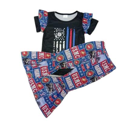 China USMC Military Flag Ruffles Pattern Short Sleeve Match Bell Bottom Fashionable No MOQ Wholesale RTS Kids Clothes Kids Clothing for sale