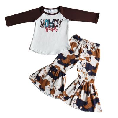 China Wholesale Boutique Soft Raglan Letter RTS Brown Long Sleeve Pattern Bell Bottom No MOQ Kids Baby Clothes Children Clothing for sale