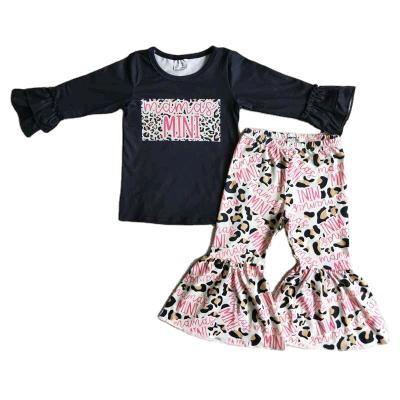 China Sweet letter pink leopard ruffles girls RTS boutique long sleeve bell bottoms RTS no MOQ children kids clothes baby clothing for sale