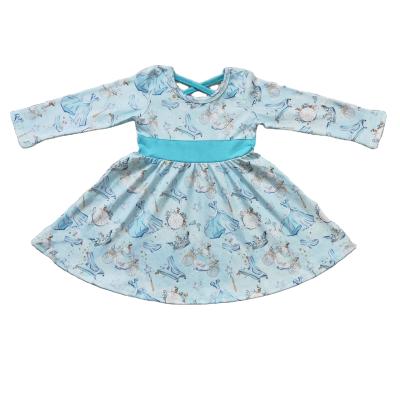 China Breathable girls blue cartoon cute tunic belt long sleeve dresses NO MOQ RTS boutique girl dress kids clothes kids clothing for sale