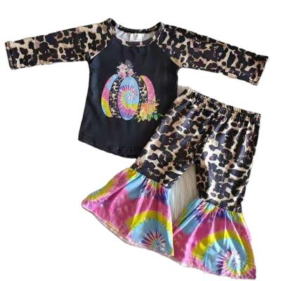 China Boutique RTS Casual Colorful Pumpkin Halloween Leopard Raglan Bell Bottoms No MOQ Kids Clothing Girls Kids Clothes Baby Clothes for sale