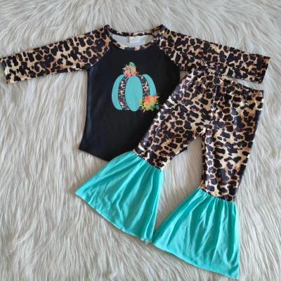 China Halloween Pumpkin Casual Raglan Leopard Boutique Blue Bell Bottoms RTS No MOQ Kids Clothing Girls Kids Clothes Baby Clothes for sale