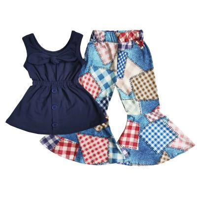 China cotton & Spandex Summer Autumn Kids Clothing Set Blue Patchwork Tops Flares Pant Suit Girl's Sleeveless Clothes for sale