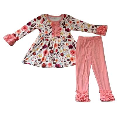 China silk/cotton milk & Spandex Spring/Autumn Kids Boutique Clothes Long Sleeve Tunic Floral Ruffled Cotton Sleeve Pink Legging for sale