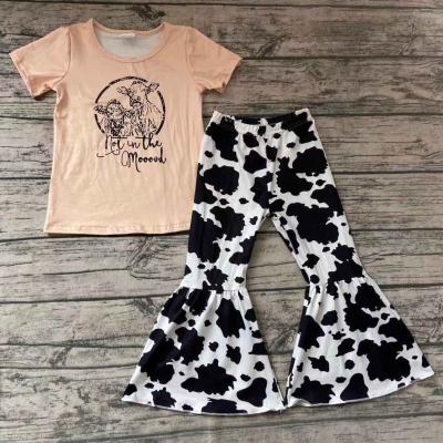 China Spring/Autumn Milk Silk Babies Boutique Bell-bottom Pants 2 Pieces Set Milk Cow Print Shirt Children Boutique Clothes for sale