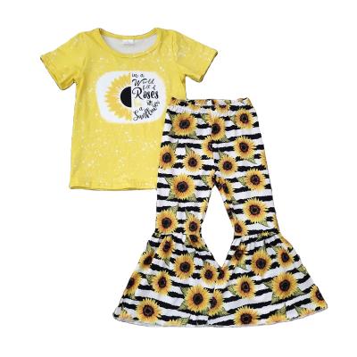 China Milk Spring Sunflower Bell-Bottom Silk Floral Pants/Fall Yellow Slogan Print Shirt For Babies RTS LOW MOQ for sale